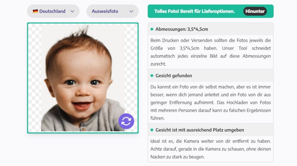 Verarbeitungsbeispiel: Passfoto von Baby für den Reisepass