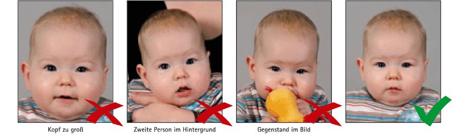 Leitfaden und Beispielfotos für Passbilder von Babys, mit Hinweisen auf korrekte Haltung und Gesichtsausdruck ohne Fremdobjekte oder Dritte im Bild.