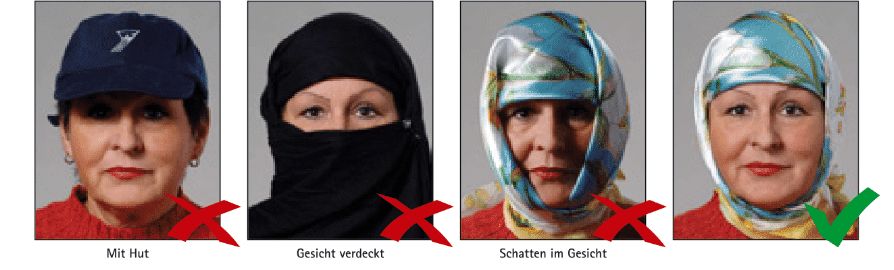 Beispiele, die zeigen, wann Kopfbedeckungen auf Passfotos akzeptabel sind, hauptsächlich aus religiösen Gründen, und wann nicht.