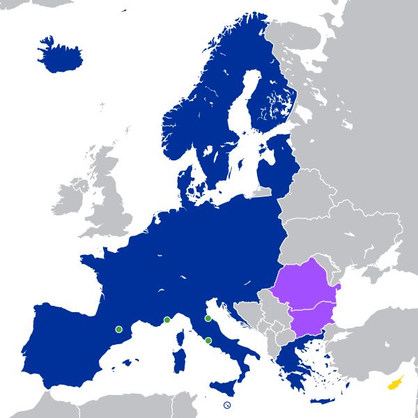 Map of Schengen Area - Blue represents the Schengen Area, Purple the Members of the Schengen Area (air and maritime borders only), Yellow the EU member states that are obliged to join the area, and Green the Countries with open borders to the Schengen area  - Source: Wikimedia Commons