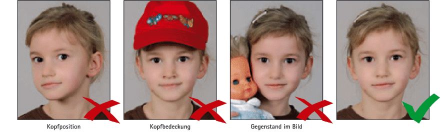 Spezifische Anweisungen und Beispiele für Passfotos von Kindern, die zeigen, wie das Gesicht korrekt im Bild platziert sein sollte.