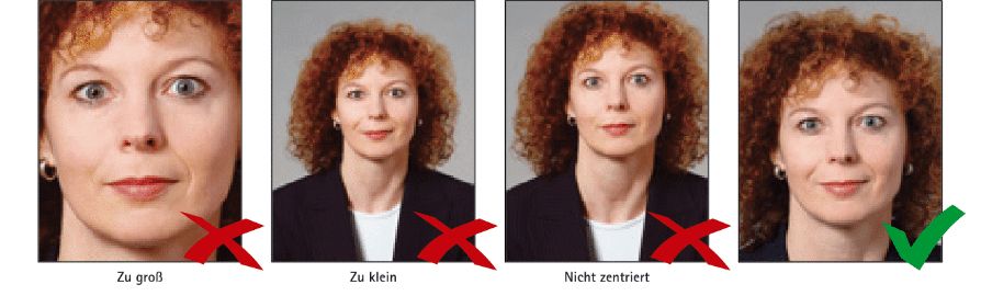 Anleitung zur korrekten Größe und Positionierung des Gesichts auf biometrischen Passfotos, mit Beispielen für akzeptierte und abgelehnte Formate.