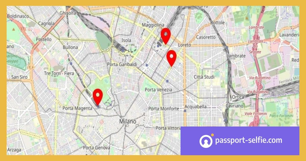 OpenStreetMap di Milano con alcuni segnaposti di cabine fototessera