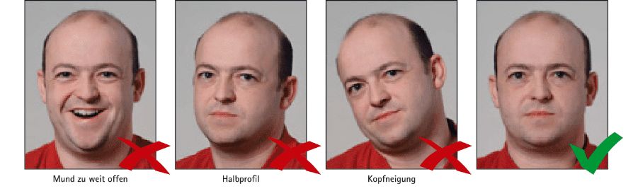 Serie von Fotos, die korrekte und inkorrekte Kopfpositionen sowie Gesichtsausdrücke für biometrische Passfotos zeigen.