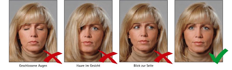 Richtlinien für die Sichtbarkeit der Augen und die Platzierung der Haare bei Passbildern, mit Beispielen, die zeigen, was zu vermeiden ist.